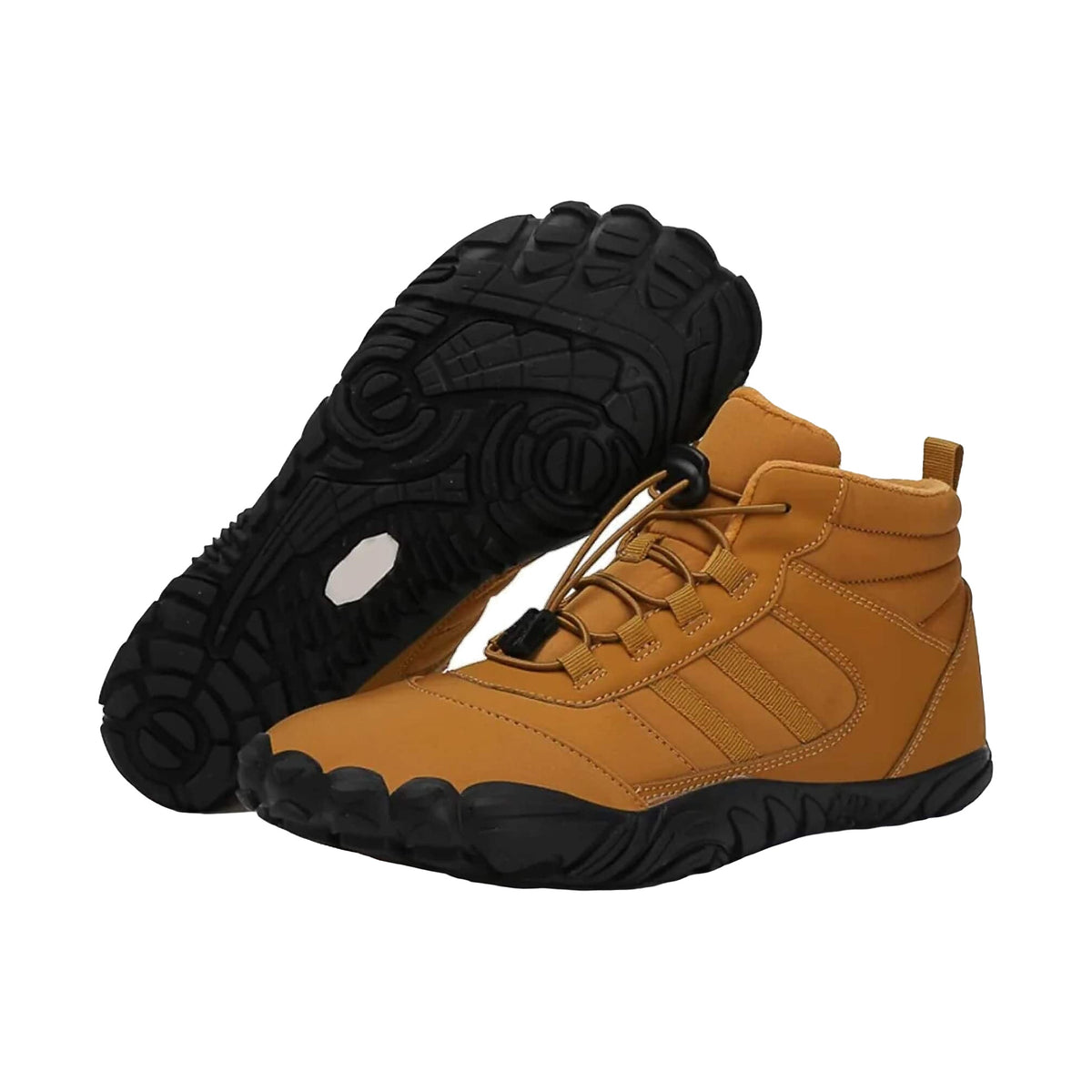 Kasdava Pro winter barefoot boots in camel brown with toggle laces, one boot flipped to show the black lugged sole