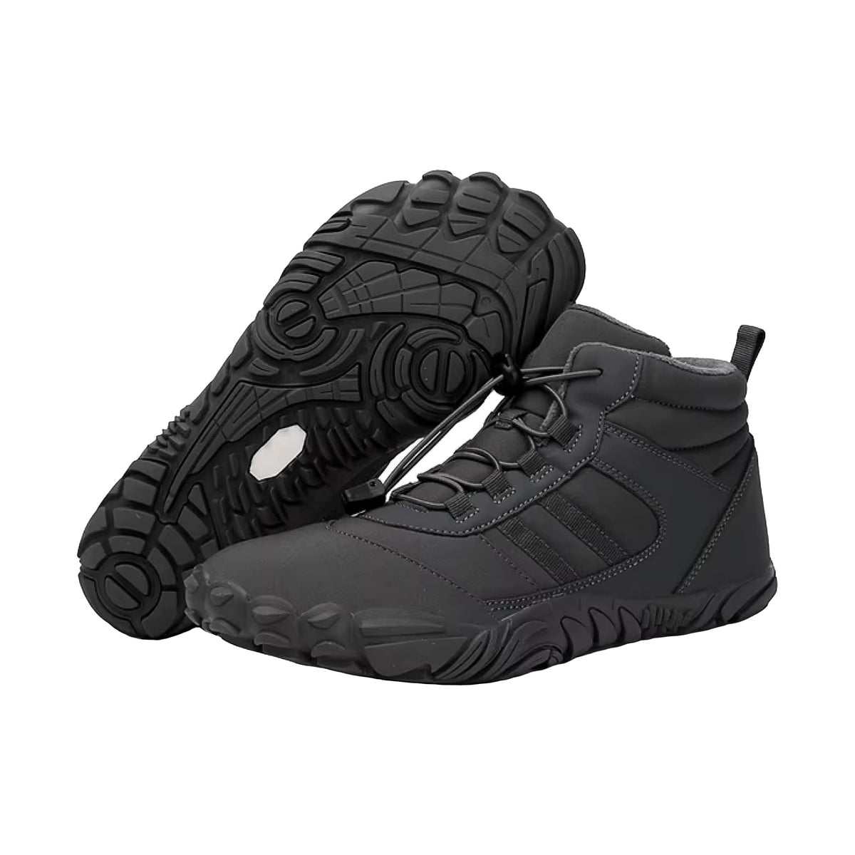 Kasdava Pro winter barefoot boots in dark gray, sole-up and side view showing the rugged winter tread
