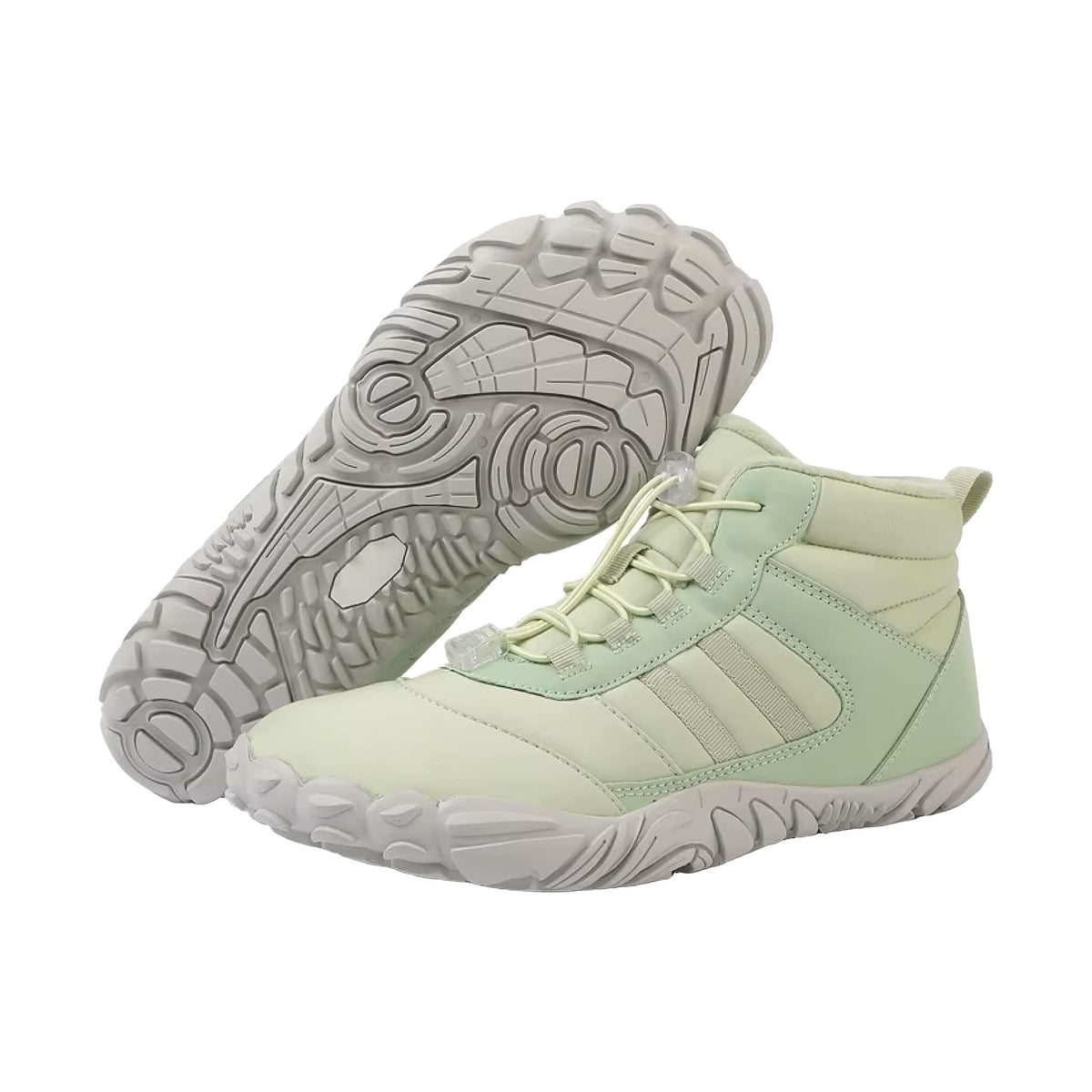 Kasdava Pro winter barefoot boots in pale mint green with matching laces and gray lugged sole, studio pair