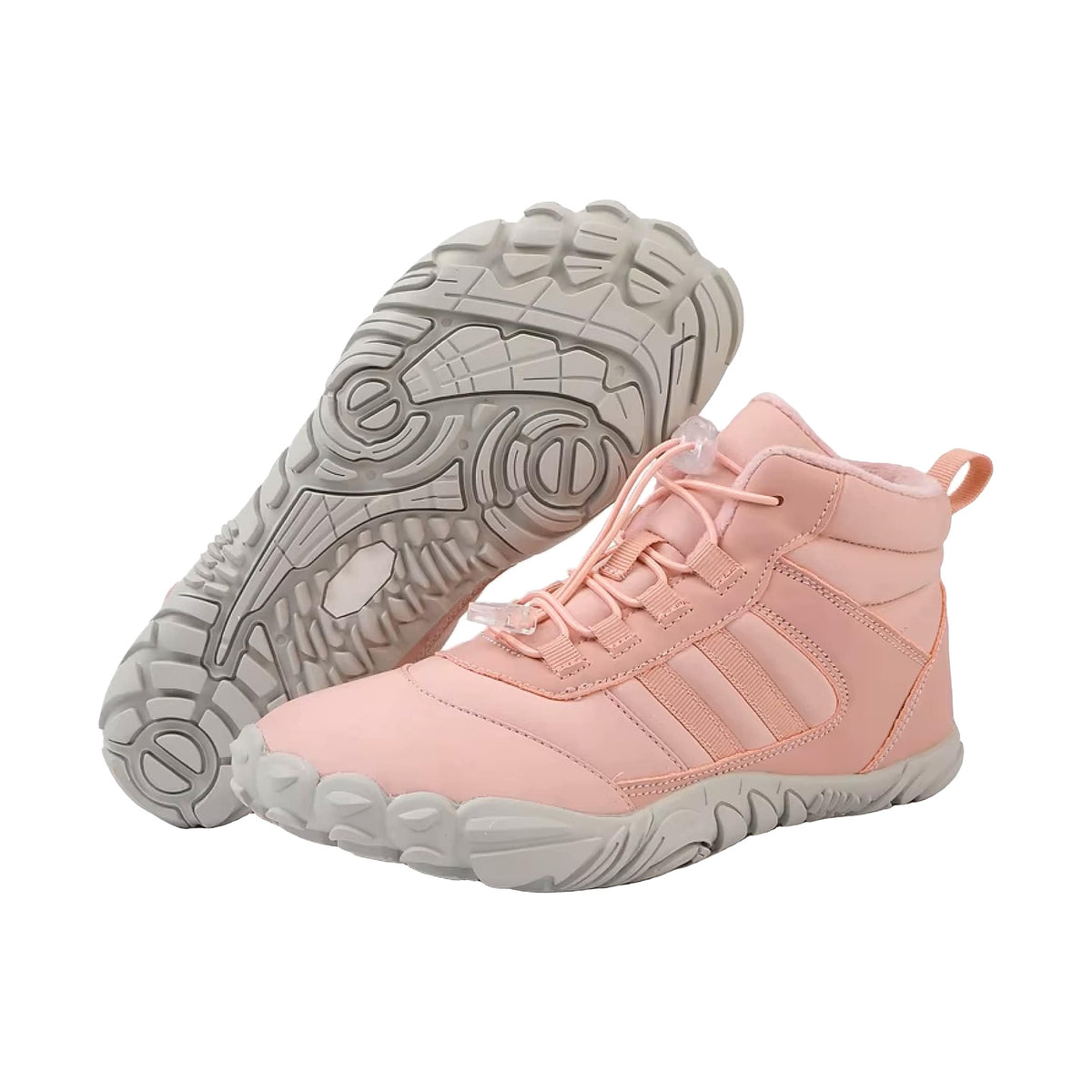 Kasdava Pro winter barefoot boots in light pink with pale gray lugged sole, pair shown sole-up and upright