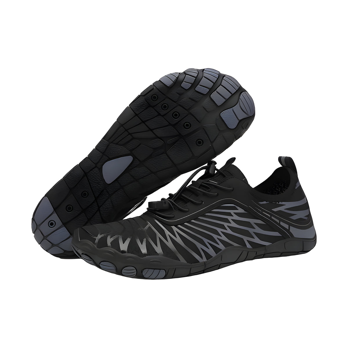 Lorax Pro barefoot shoes in black with grey wing pattern, one displaying the grey-accent outsole