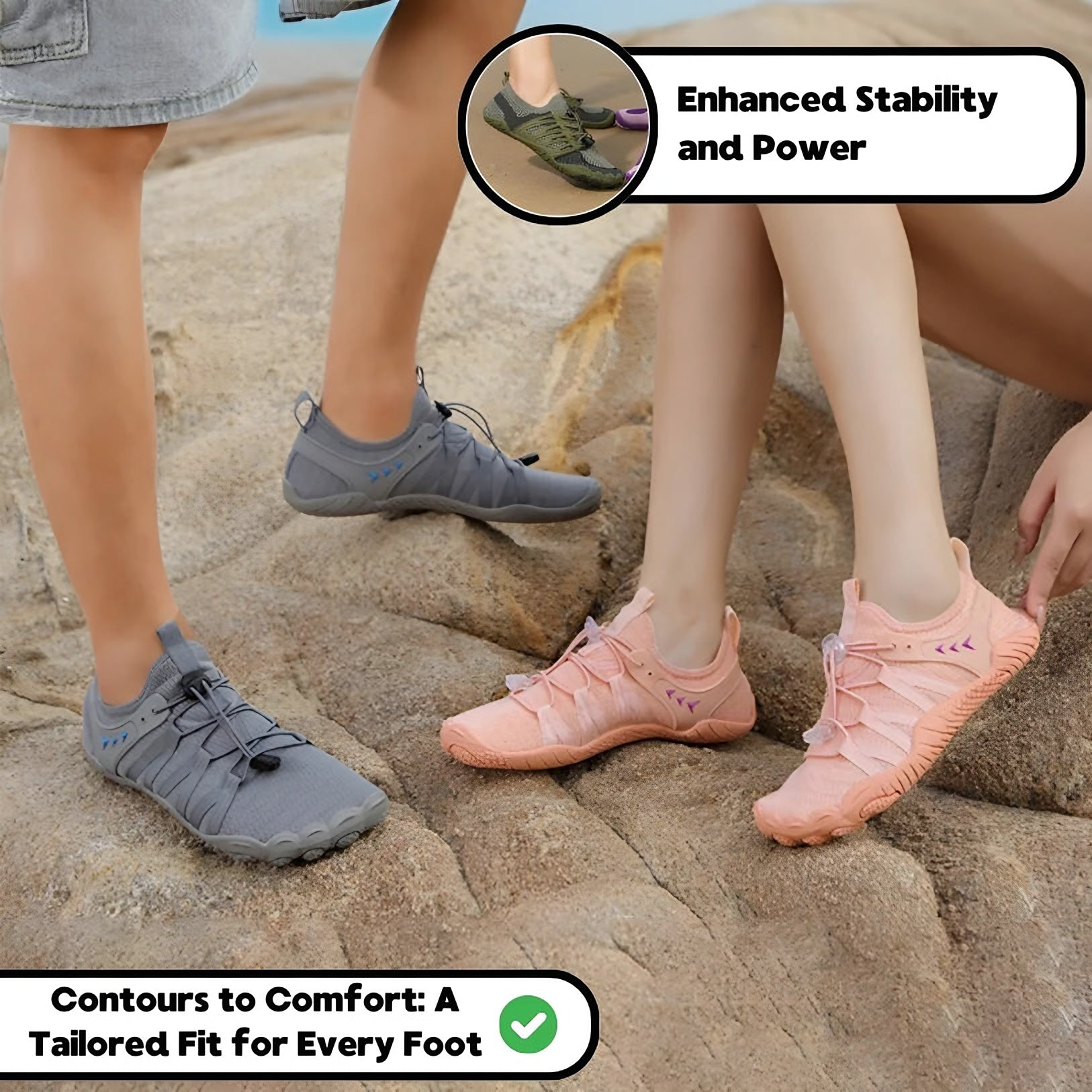 Two people on beach rocks wearing gray and coral Savanna Adventure barefoot shoes, stability and fit callouts