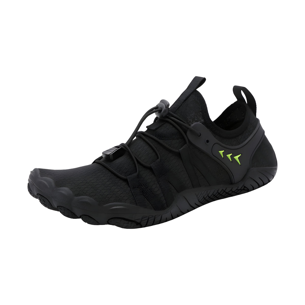Black Savanna Adventure barefoot shoe with neon green arrow logo and elastic toggle lacing