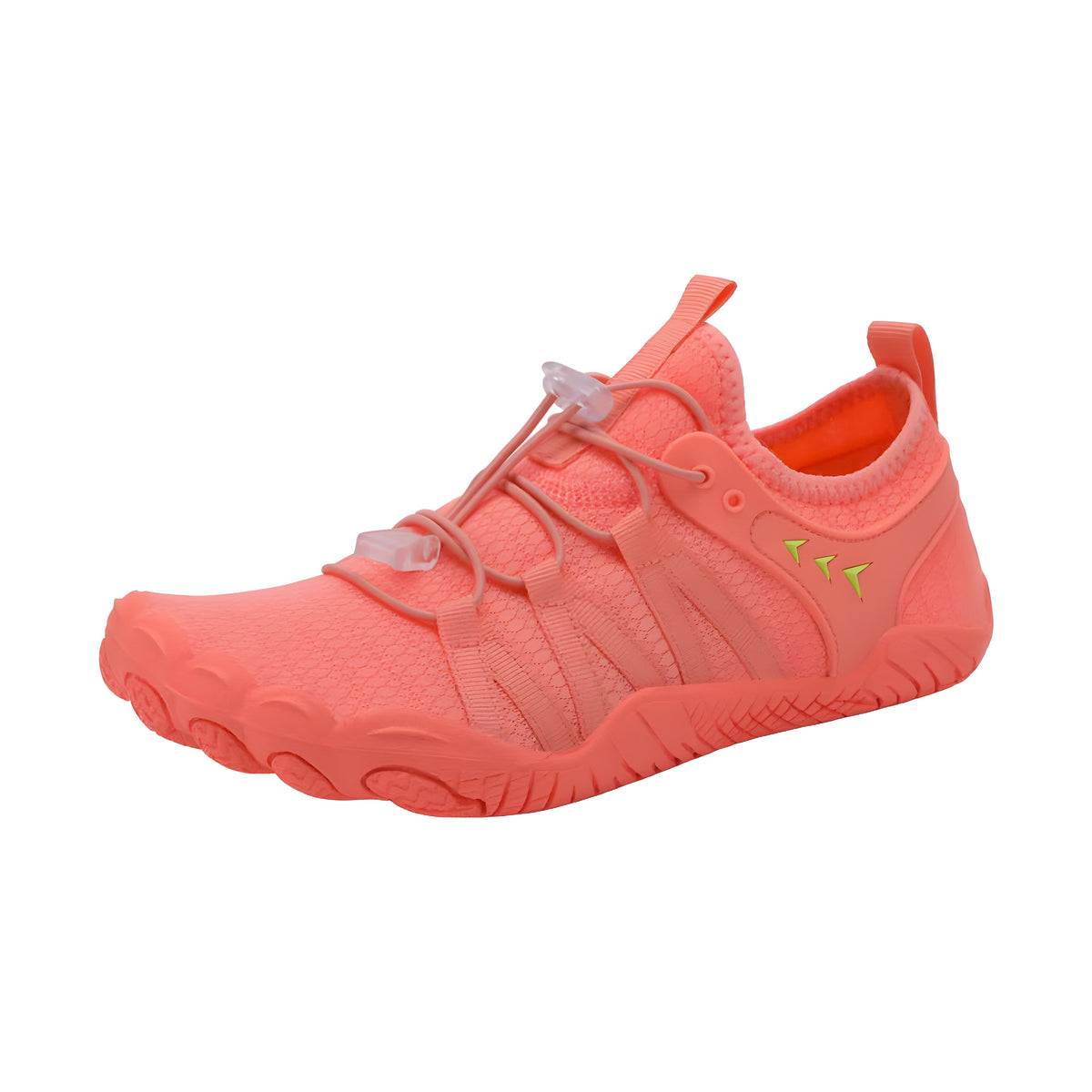 Flamingo coral Savanna Adventure barefoot shoe with elastic toggle laces, side view on white background