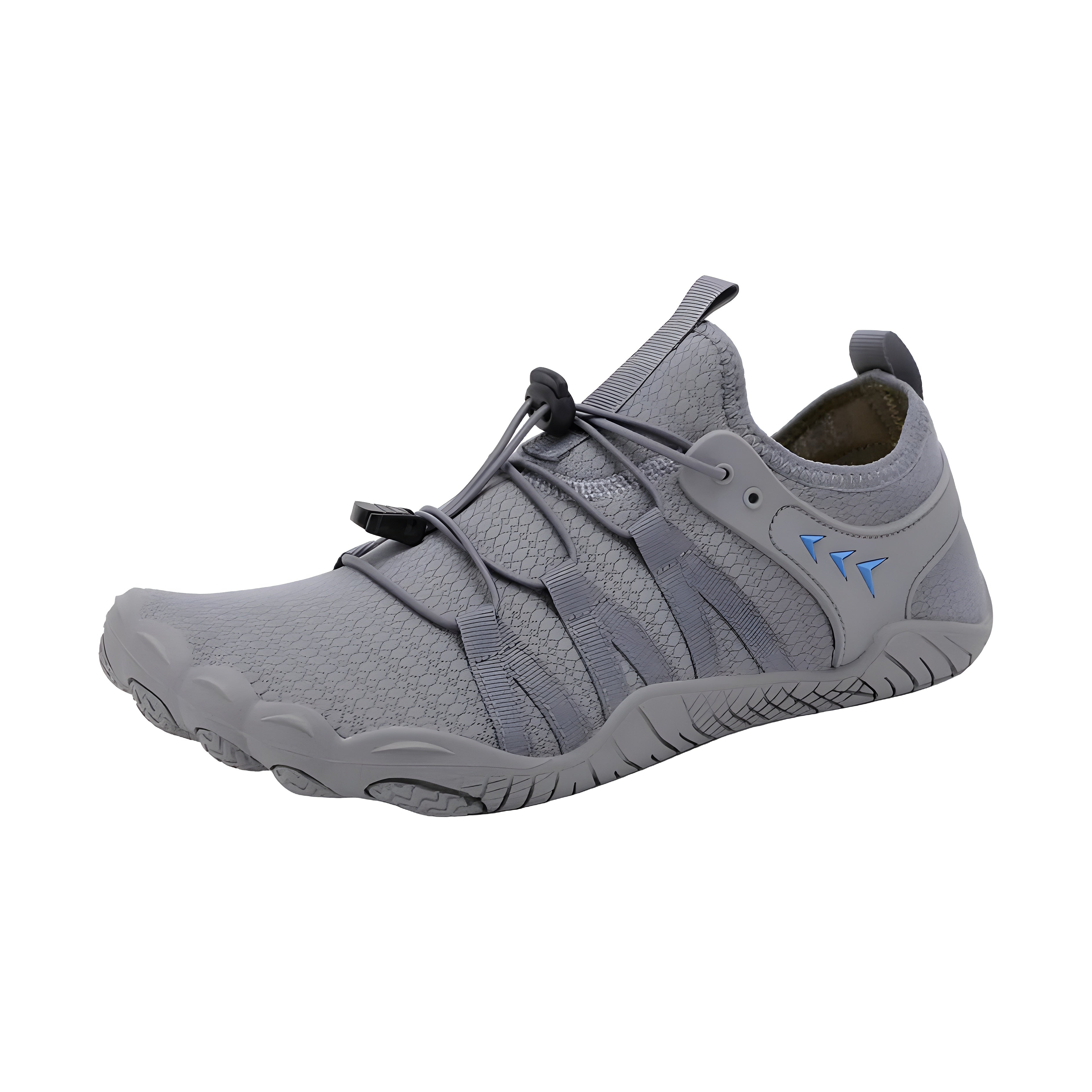 Gray Savanna Adventure barefoot shoe with elastic toggle laces and blue arrow logo on the heel panel