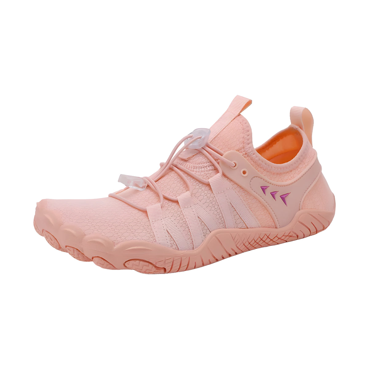 Pale pink Savanna Adventure barefoot shoe with purple arrow logo, orange lining and toggle laces