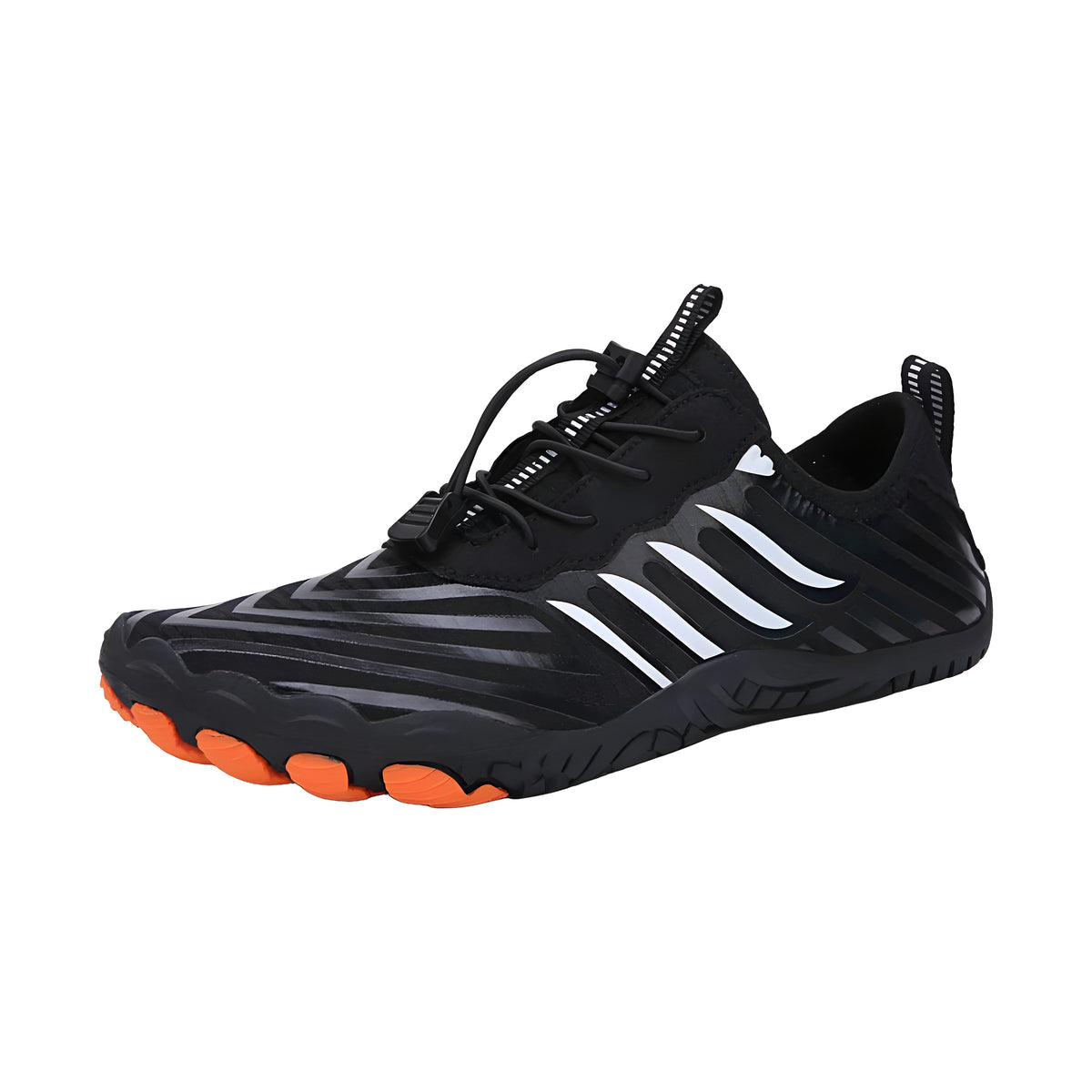 TerraFlex zero drop shoes in black with white stripes and orange toe pods, angled side view