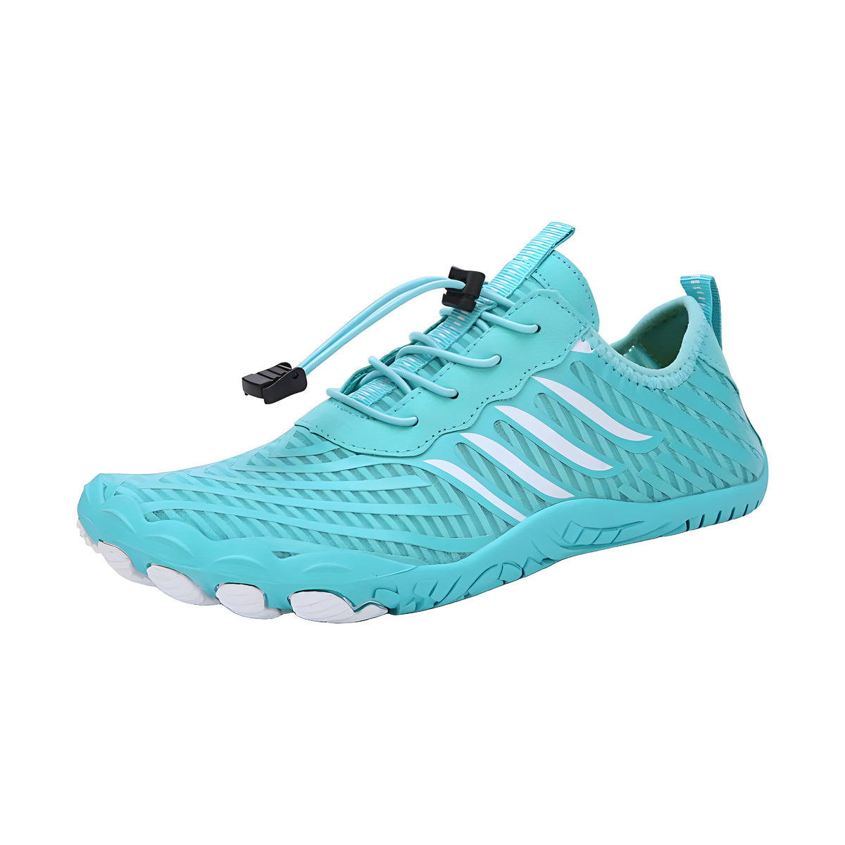 TerraFlex barefoot shoes in coastal blue turquoise with white stripes, angled side view