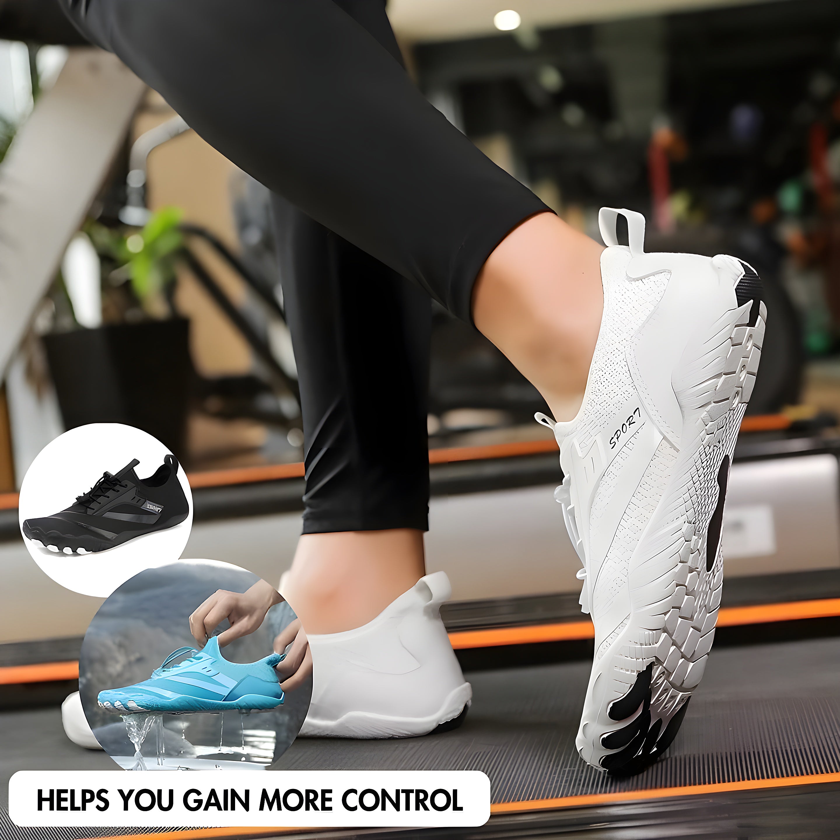 White TerraTouch barefoot shoes worn on a treadmill with black and aqua pairs inset, gain more control callout