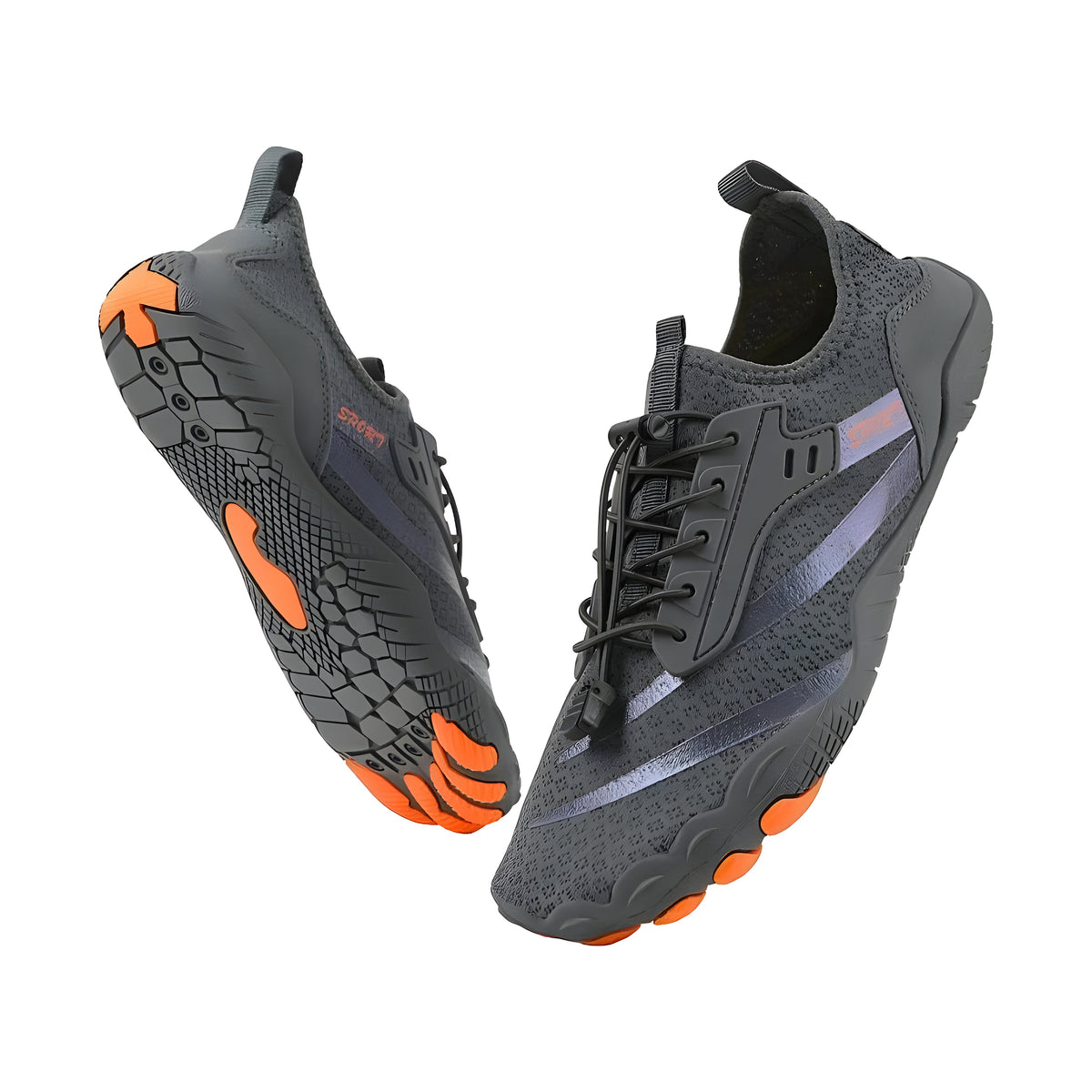 Gray TerraTouch barefoot shoes with orange pods and sole accents, one tilted to show the textured tread