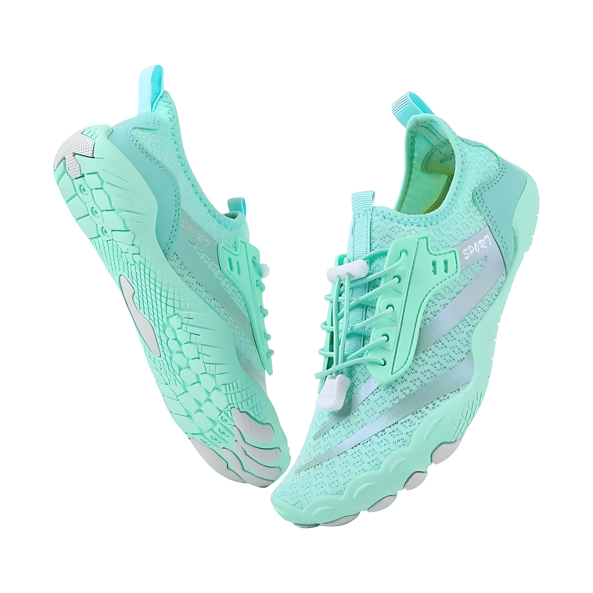 Mint green TerraTouch barefoot shoes pair, one tilted to show the light flexible sole