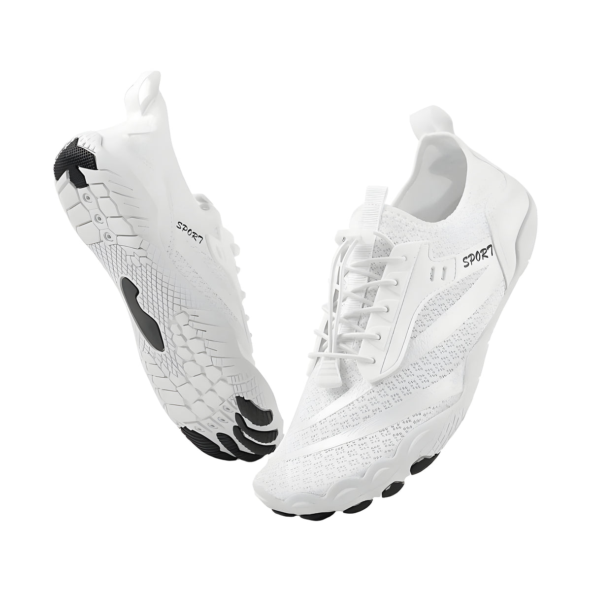 White TerraTouch barefoot shoes pair, one tilted up to show the pale flexible sole with black toe pod