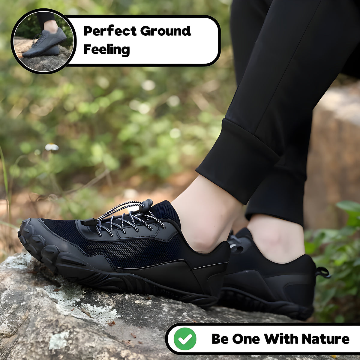 Infographic - TrailMaster Lite: perfect ground feeling, be one with nature; black shoes worn sitting on a rock