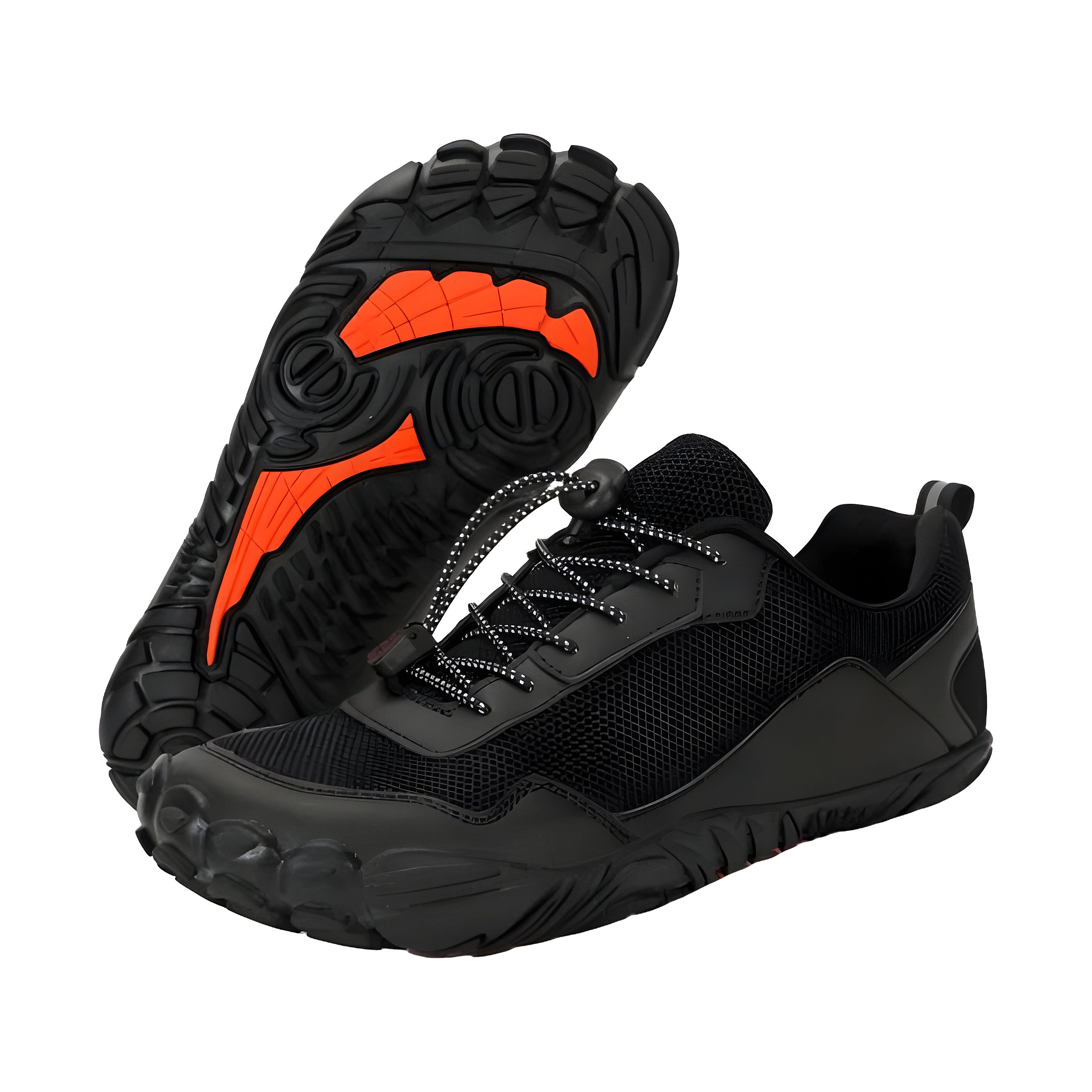 Black TrailMaster Lite barefoot shoes, one flipped showing black lugged sole with orange traction zones
