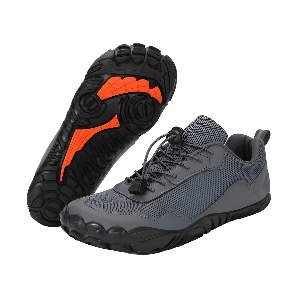 Gray TrailMaster Lite barefoot shoes with mesh upper and overlays, flipped shoe showing orange-accented lugged sole