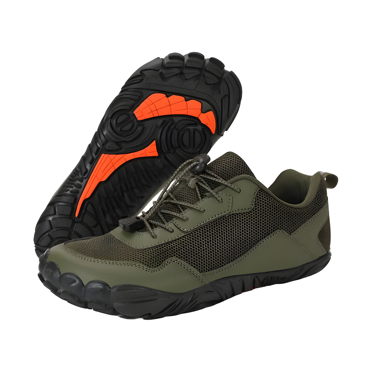 Olive green TrailMaster Lite barefoot shoes with mesh upper and black lugged sole with orange grip zones