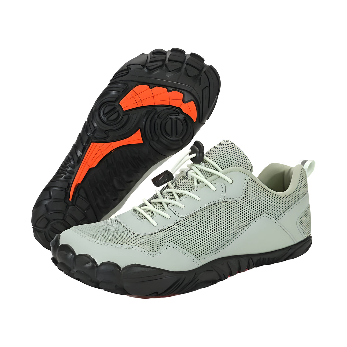 Mint green TrailMaster Lite barefoot shoes with toggle laces, flipped shoe showing orange-accented sole