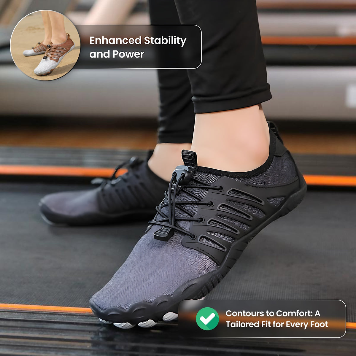 Black UniGrip barefoot shoes worn on a treadmill, stability and tailored fit captions with beach inset