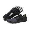 UniGrip barefoot water shoes in black, one showing the textured outsole with grey toe pods