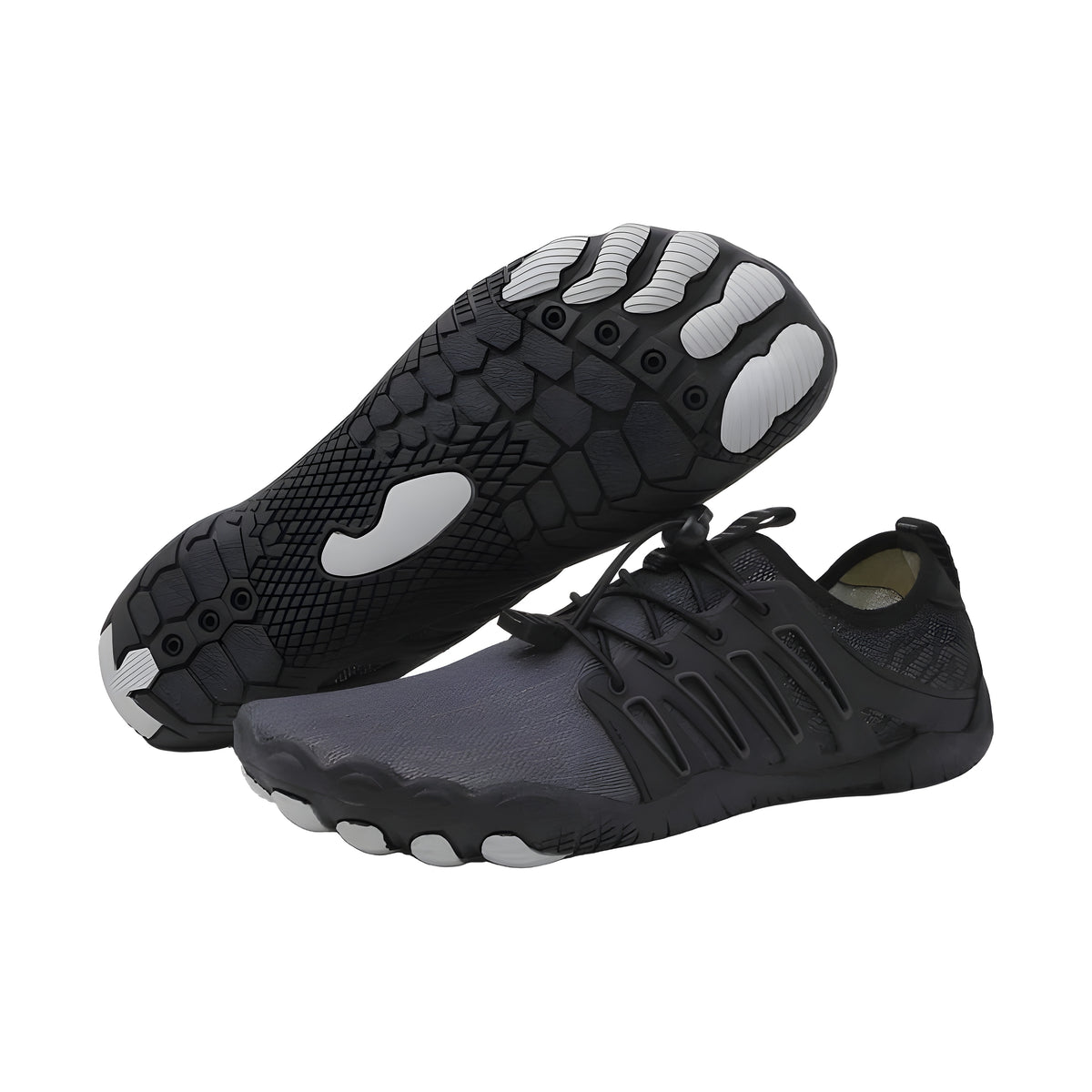 UniGrip barefoot water shoes in black, one showing the textured outsole with grey toe pods