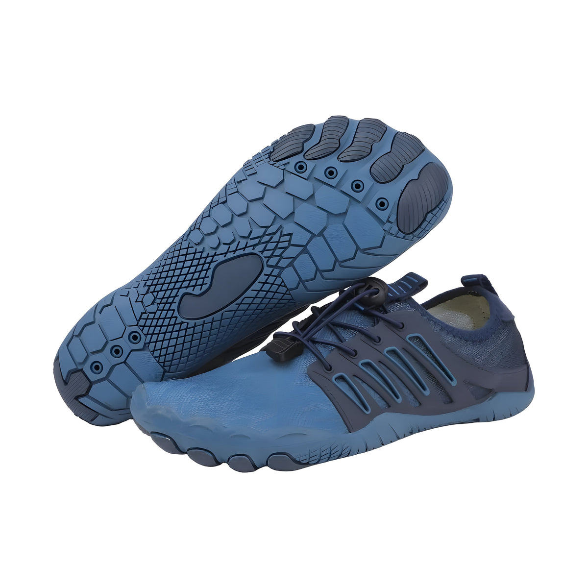 UniGrip barefoot shoes in blue with navy overlays, one showing the textured blue outsole