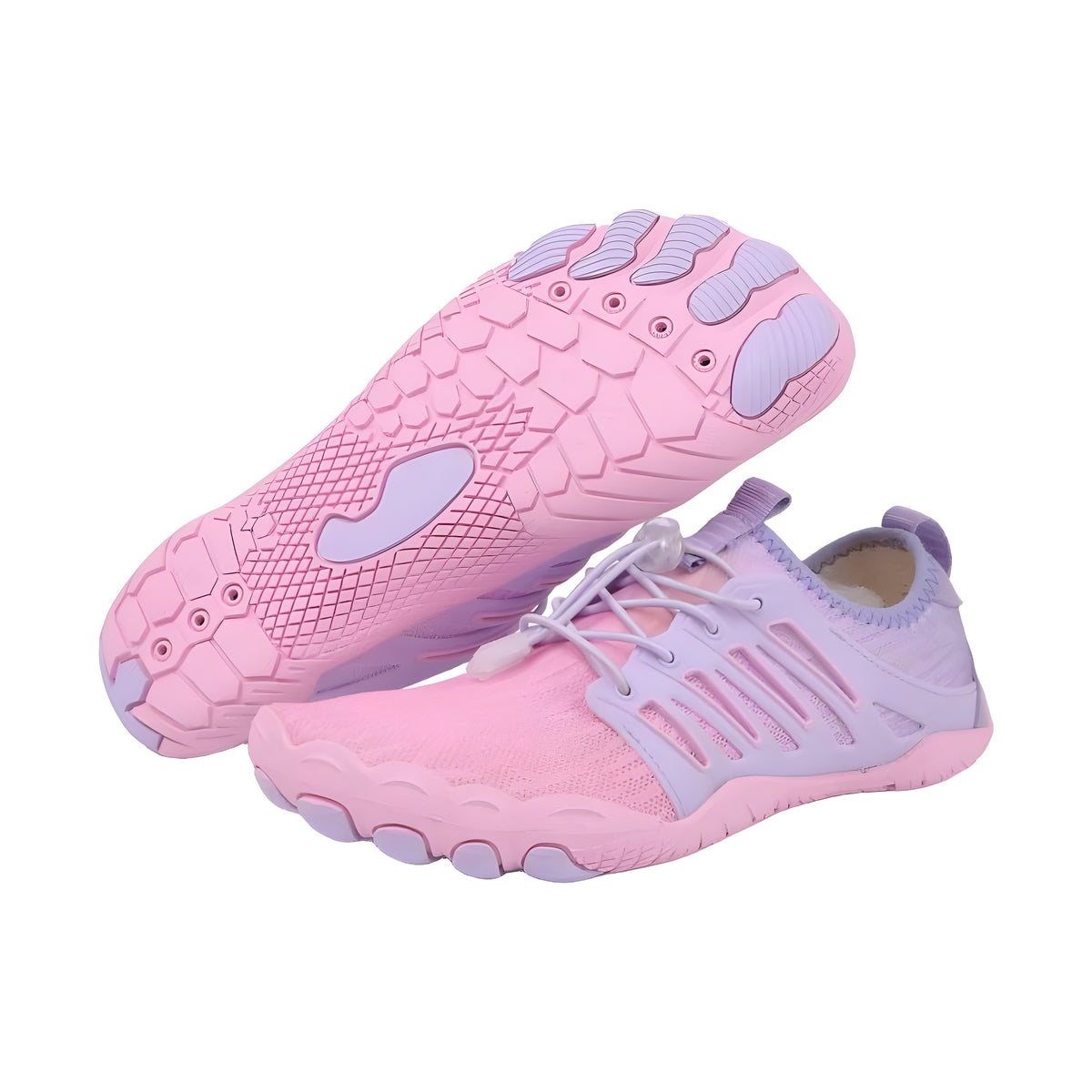 UniGrip barefoot shoes in pink with lavender overlays and lilac pods on the pink outsole