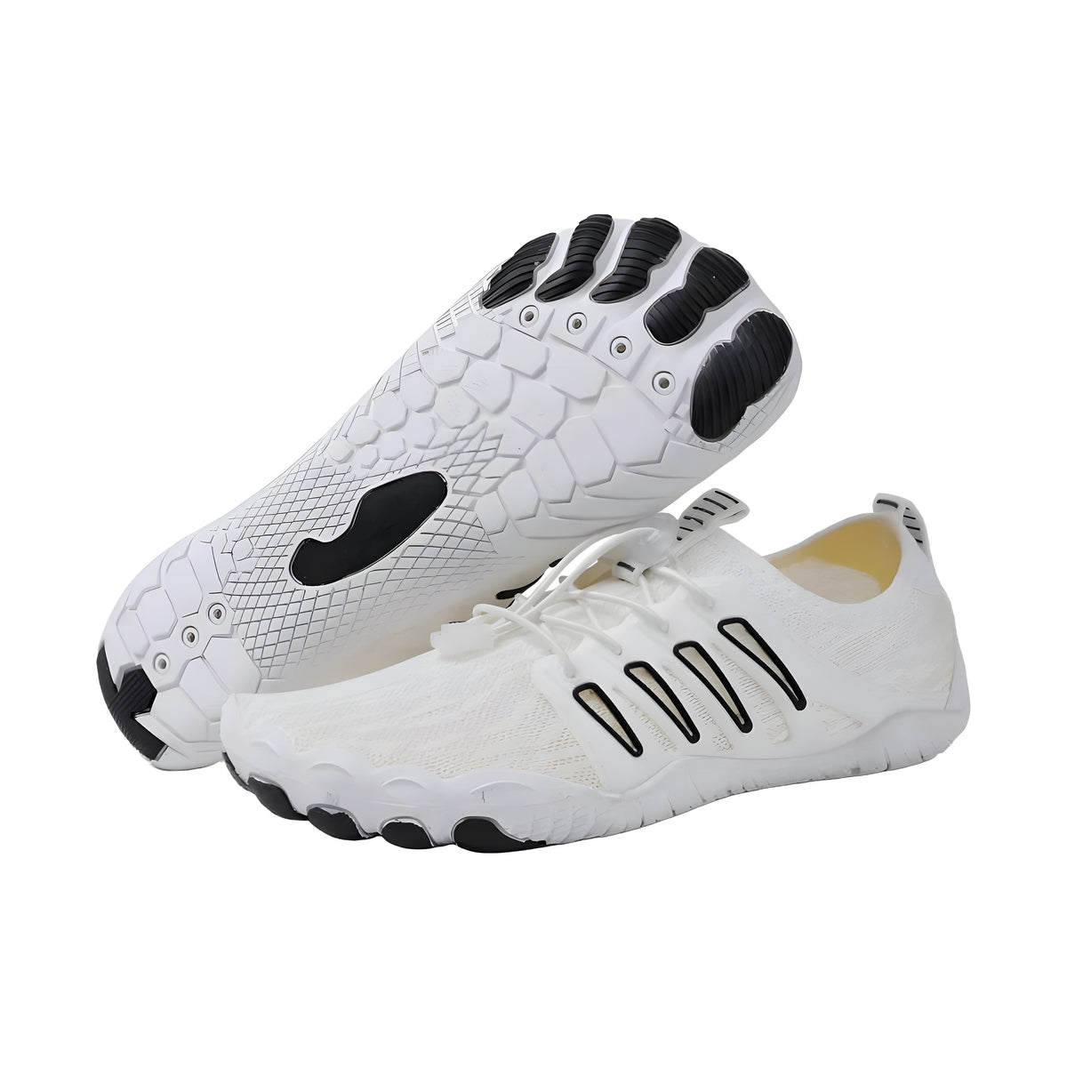 UniGrip barefoot shoes in white with black overlays and black toe pods on the outsole