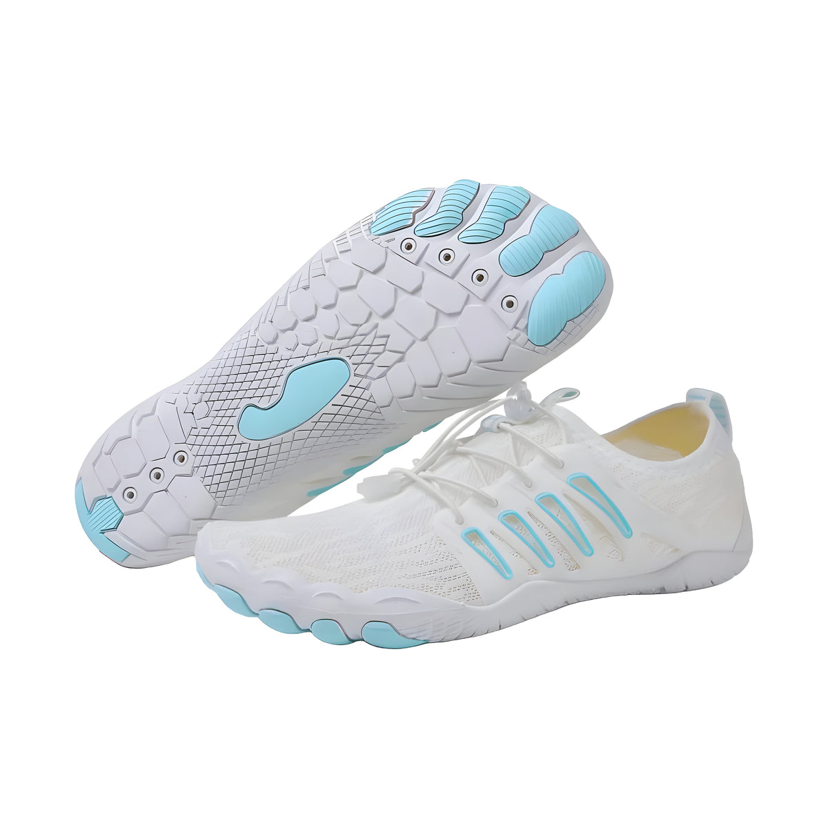 UniGrip barefoot shoes in white with mint blue accents, one showing the white outsole