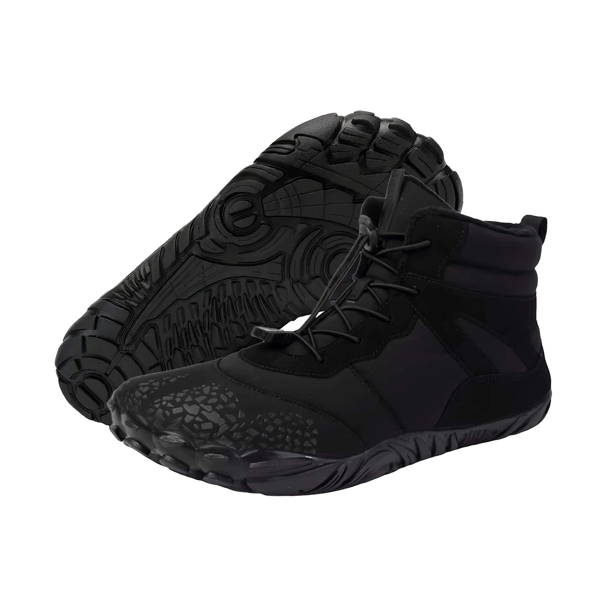 Vindra Flex winter barefoot boots in black, angled pair showing the lugged non-slip sole and toggle bungee laces