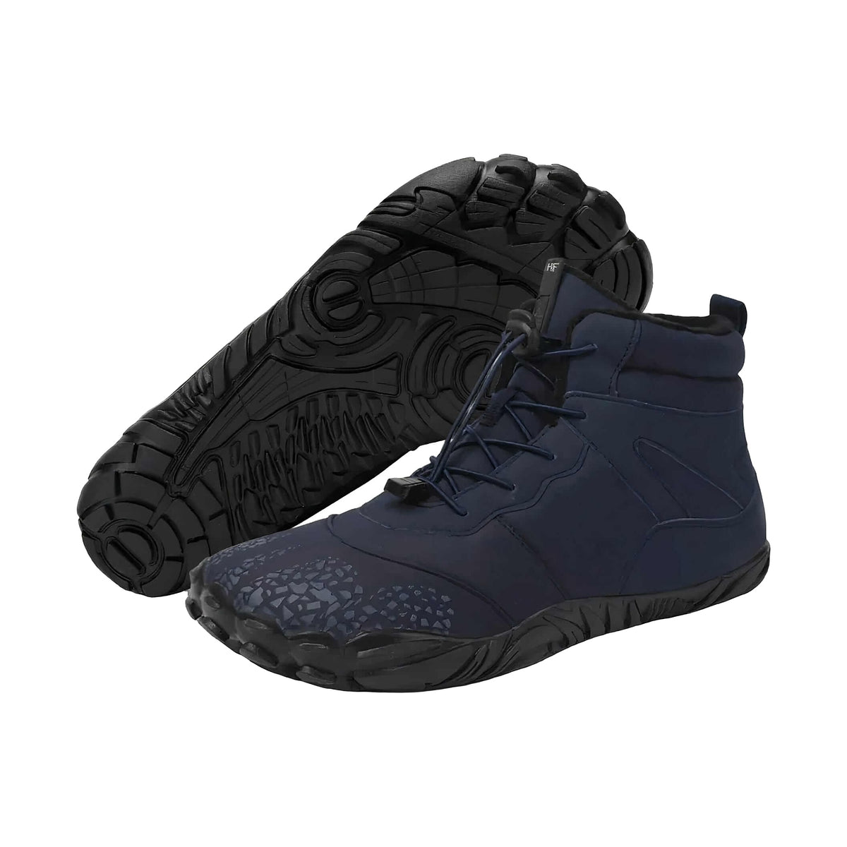 Vindra Flex winter barefoot boots in dark blue, one tipped to show the black lugged sole and toggle lacing