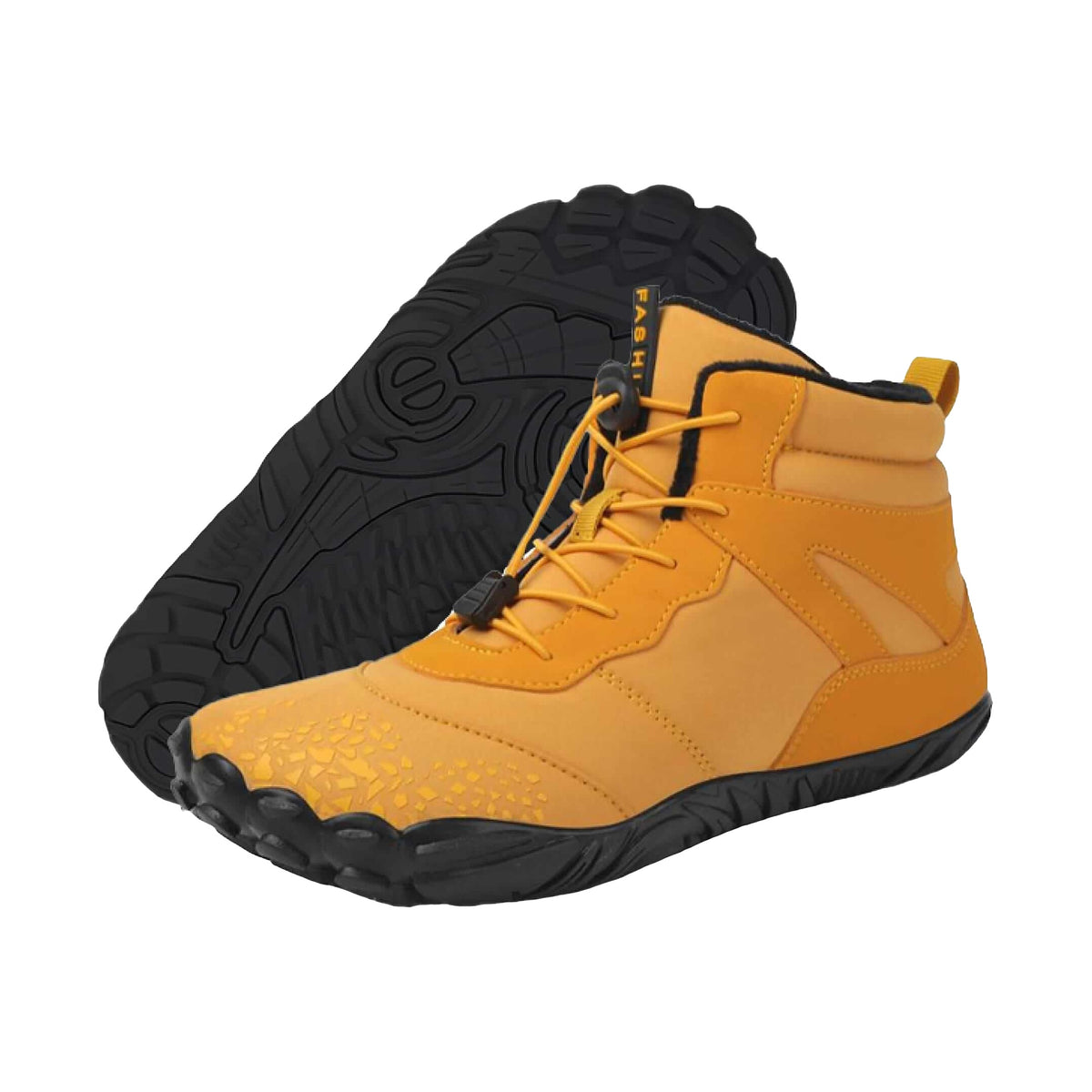 Vindra Flex winter barefoot boots in mustard yellow, one tipped to show the black lugged sole and toggle lacing