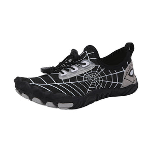 Infographic - WebKids black barefoot shoe with white spider web print: lightweight durable, breathable design