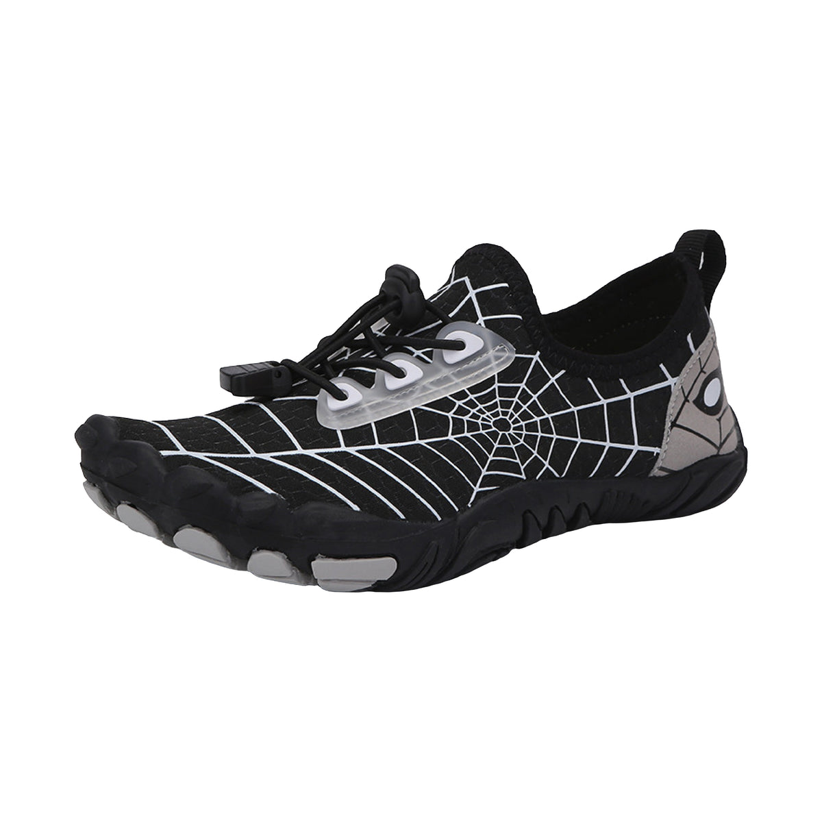 Infographic - WebKids black barefoot shoe with white spider web print: lightweight durable, breathable design