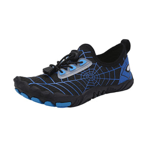 Infographic - WebKids black barefoot shoe with blue spider web print: lightweight durable, breathable design