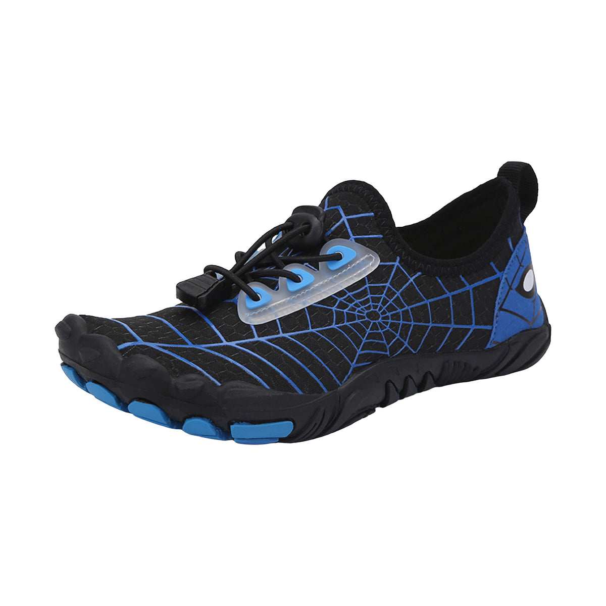 Infographic - WebKids black barefoot shoe with blue spider web print: lightweight durable, breathable design