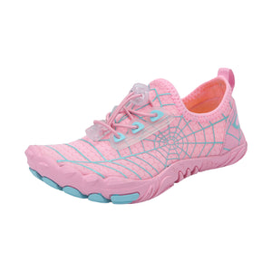 Infographic - WebKids pink barefoot shoe with teal spider web print: lightweight durable, breathable design