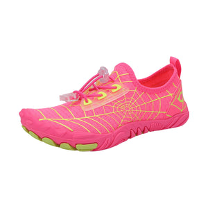 Infographic - WebKids rose red barefoot shoe with neon yellow web print: lightweight, breathable design